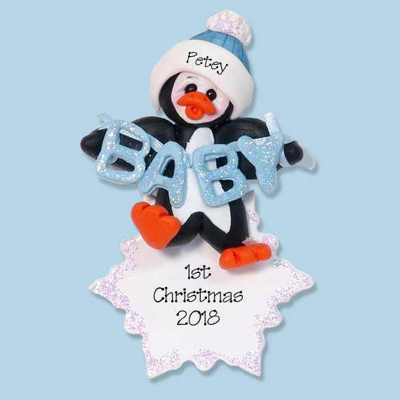 Babys 1st Christmas, Baby Penguin Personalized Ornament, HANDMADE POLYMER CLAY, Personalized Christmas Ornaments, Custom Ornaments, Baby Boy