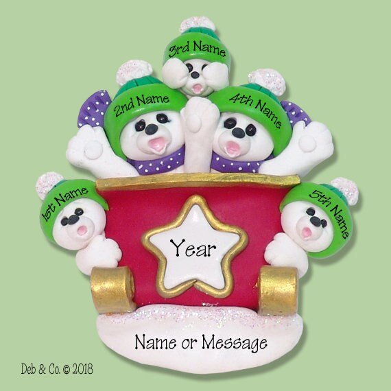 Personalized Family Ornament, Polar Bear Family of 5 inSleigh, HANDMADE Polymer Clay, Personalized Christmas Ornament, Custom Ornaments