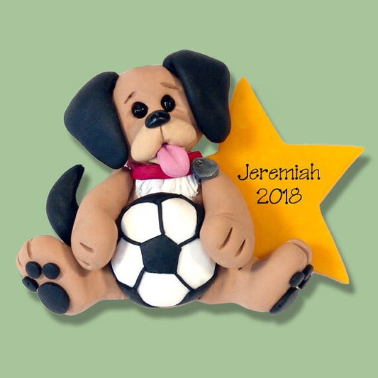 Personalized Soccer Ornament, Personalized Christmas Ornaments, Handmade Polymer Clay Soccer Player, Soccer Puppy, Custom Ornaments