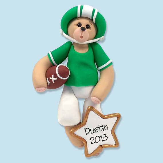 Personalized Football Ornament, Bear Personalized Ornament Handmade Polymer Clay, Football Player Ornament, Green Football Ornament