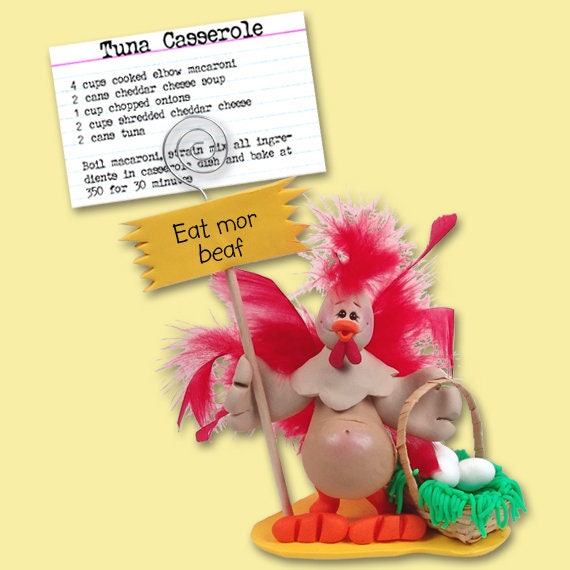 Half Baked Hen Recipe Holder, HANDMADE POLYMER CLAY,  Personalized Christmas Ornaments, Personalized Photo Holder, Rooster Figurine, Rooster