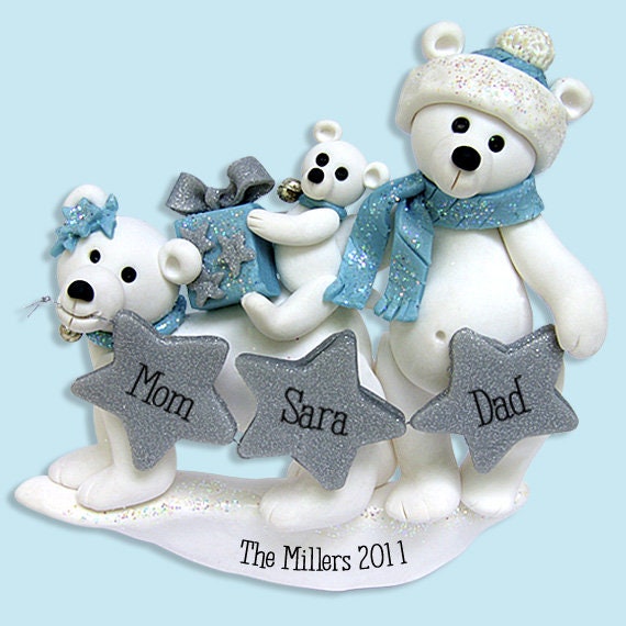 Polar Bear Family of 5 Polymer Clay Personalized Christmas Family Ornament