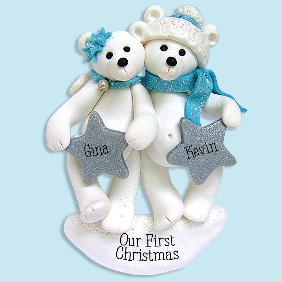 Polar Bear Family of 5 Polymer Clay Personalized Christmas Family Ornament