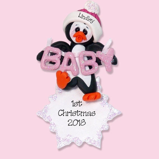 Babys 1st Christmas, Baby Penguin Personalized Ornament, HANDMADE POLYMER CLAY, Personalized Christmas Ornament, Custom Ornaments, Baby Girl