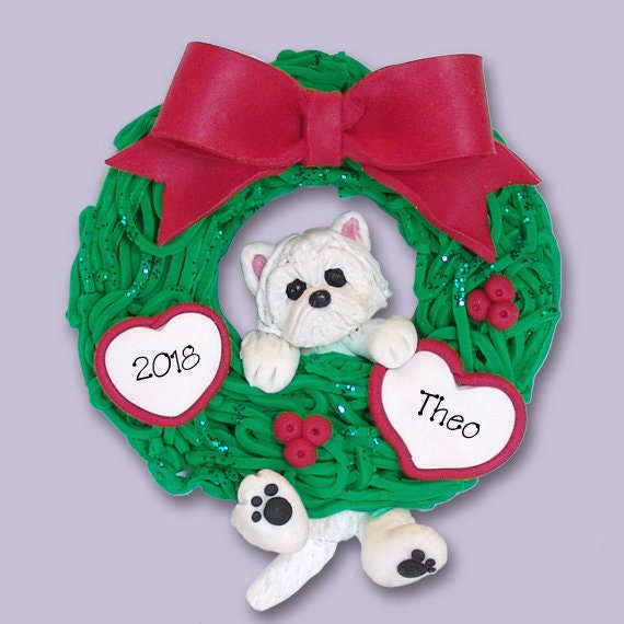 Personalized Westie Ornament, Westie PUPPY Hanging in Wreath,  HANDMADE Polymer Clay, Personalized Christmas Ornament,  Dog Ornaments