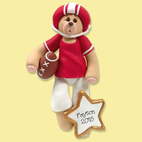 Personalized Football Ornament, Bear Personalized Ornament Handmade Polymer Clay, Football Player Ornament, Green Football Ornament