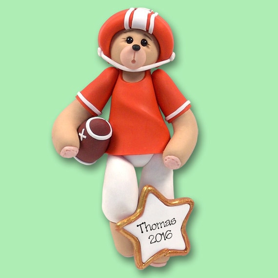 Personalized Football Ornament, Bear Personalized Ornament Handmade Polymer Clay, Football Player Ornament, Green Football Ornament