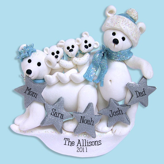 Polar Bear Family of 5 Polymer Clay Personalized Christmas Family Ornament