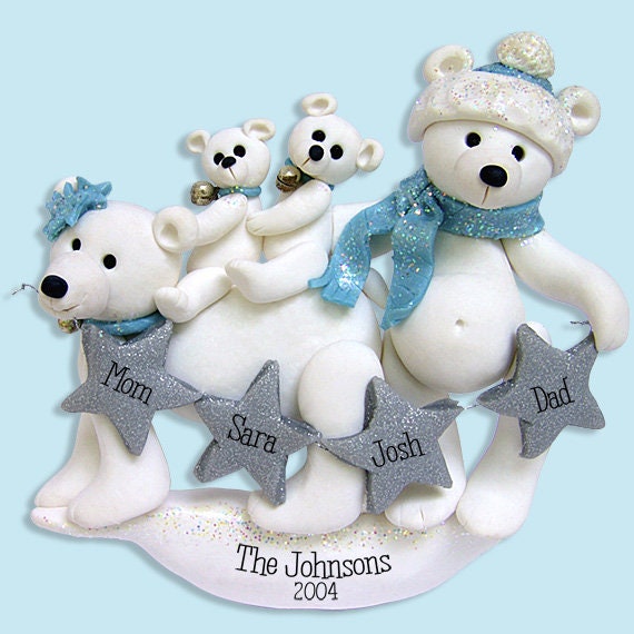 Polar Bear Family of 5 Polymer Clay Personalized Christmas Family Ornament