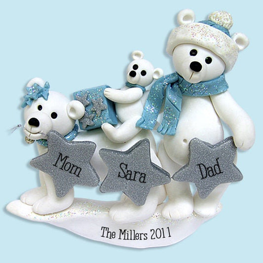 Polar Bear Family of 3,  HANDMADE Polymer Clay Personalized Christmas Family Ornament