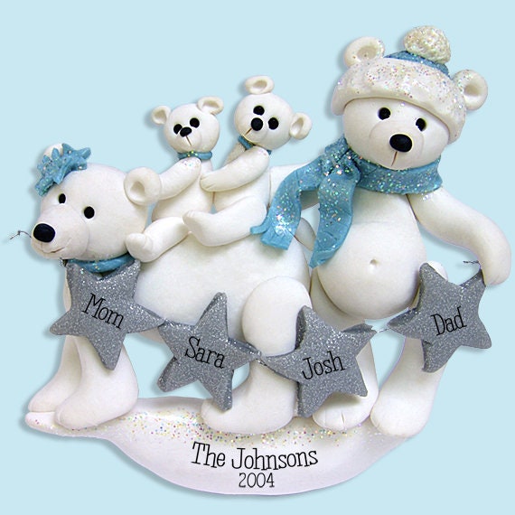 Personalized Polar Bear Family of 4 Ornament, Handmade Polymer Clay, Personalized Christmas Family Ornament