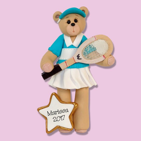 Belly Bear Girl TENNIS PLAYER Handmade Polymer Clay Personalized Christmas Ornament