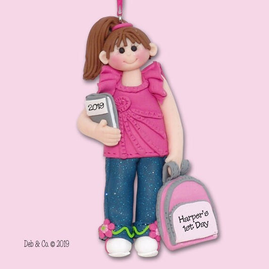 Female / Girl Back to School Personalized Christmas Ornament - Handmade Polymer Clay