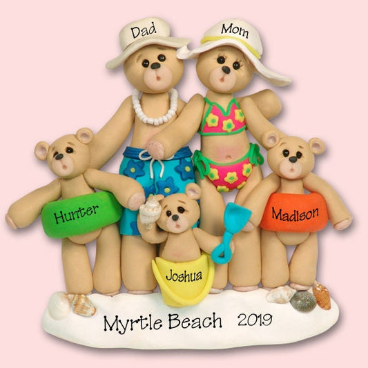 Belly Bear Beach Family of 5 Handmade POLYMER CLAY Personalized Christmas Ornament