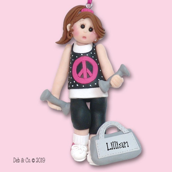 At the Gym Work Out  Girl Personalized Christmas Ornament - Handmade Polymer Clay in Custom Gift Box