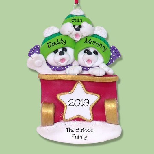 Personalized Family Ornament, Polar Bear Family of 3 inSleigh, HANDMADE Polymer Clay, Personalized Christmas Ornament, Custom Ornaments