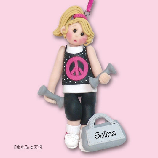 At the Gym Work Out  Girl - Blonde Personalized Christmas Ornament - Handmade Polymer Clay in Custom Gift Box