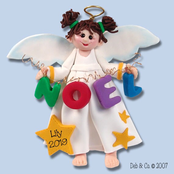 Angelina Angel w/Brown Hair HANDMADE Polymer Clay Personalized Christmas Ornament