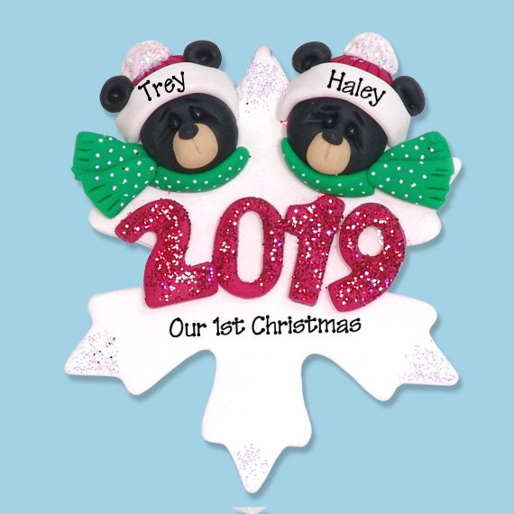 2019 Black Bear Couple Ornament Hand Made POLYMER CLAY Personalized Couples Christmas Ornament