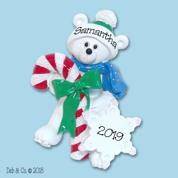 Polar Bear w/Candy Cane Personalized Christmas Ornament