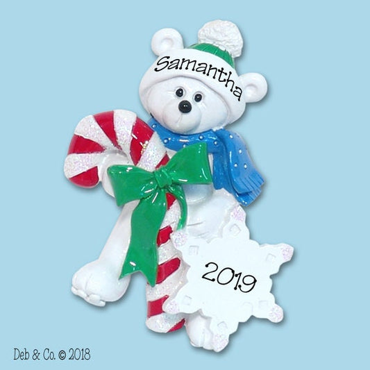 Polar Bear w/Candy Cane Personalized Christmas Ornament