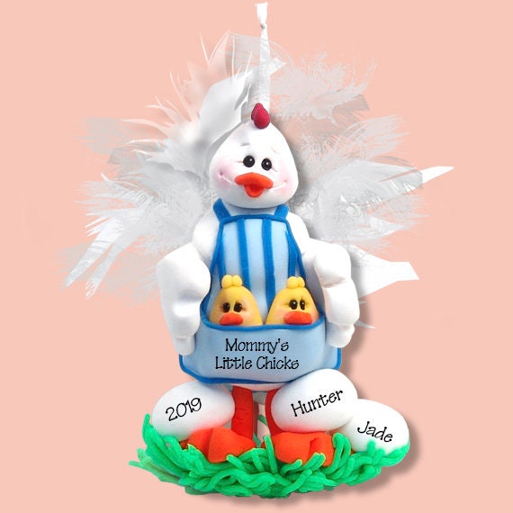 Half Baked Hens Mom or Grandma with 2 Baby Chicks HANDMADE POLYMER CLAY Personalized Christmas Ornament