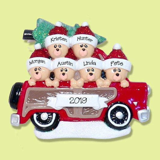 Personalized Family Ornament of 6, Family of 6 in Woody Wagon, Ornament for 6 People, 6 Bears in Car - RESIN