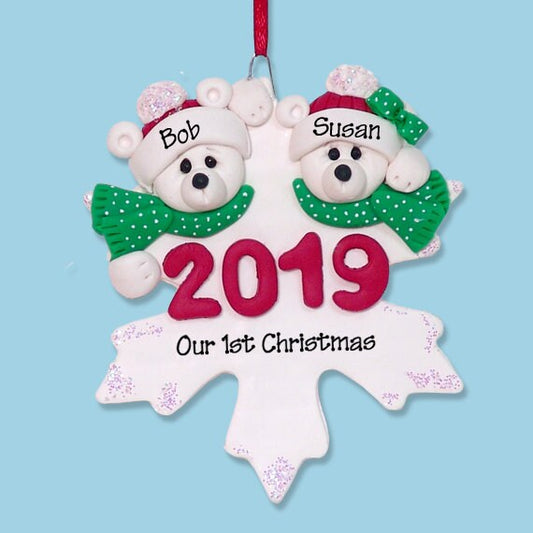 2019 Polar Bear Couple Ornament Hand Made POLYMER CLAY Personalized Couples Christmas Ornament