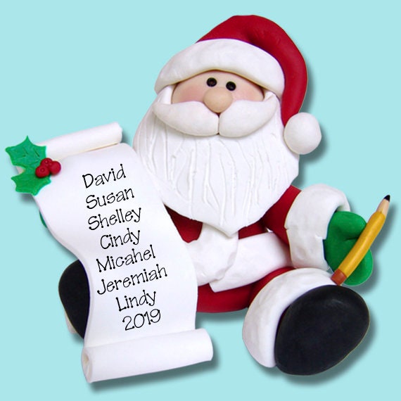 SANTA with List -  HANDMADE POLYMER Clay Personalized Christmas Ornament