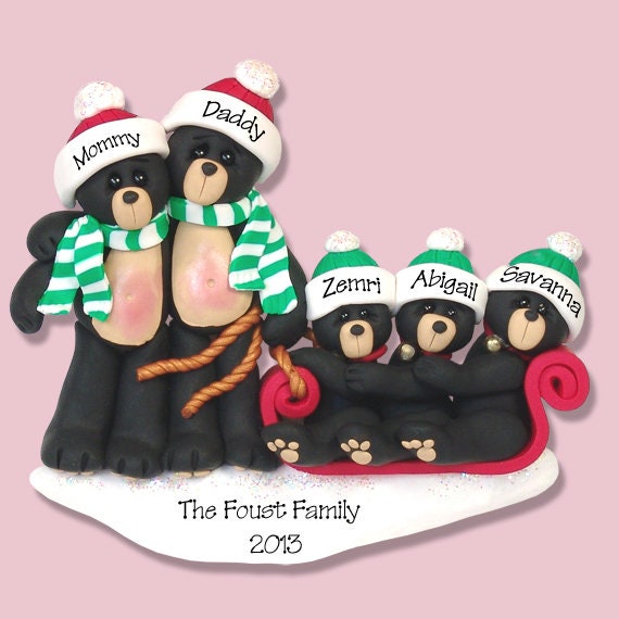 Black Bear Family of 5 in Sled HANDMADE POLYMER CLAY Personalized Christmas Ornament