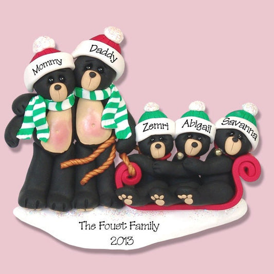 Black Bear Family of 5 in Sled HANDMADE POLYMER CLAY Personalized Christmas Ornament