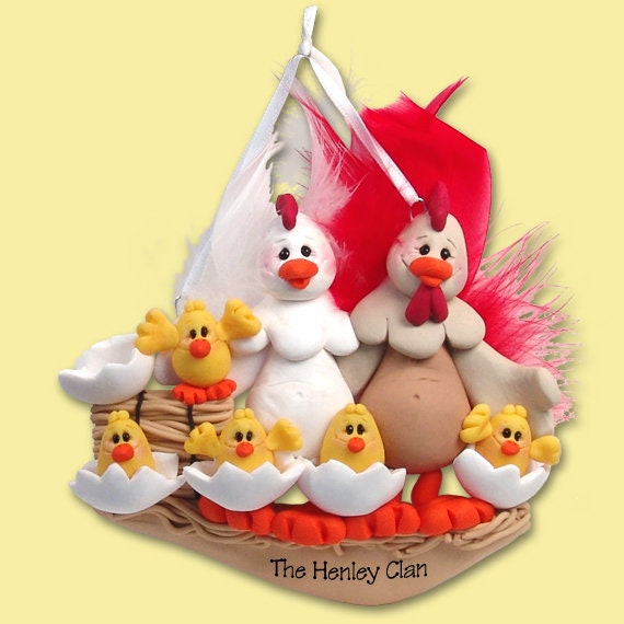 Half Baked Hens Family of 7 in custom gift box - HANDMADE POLYMER CLAY Personalized Christmas Ornament