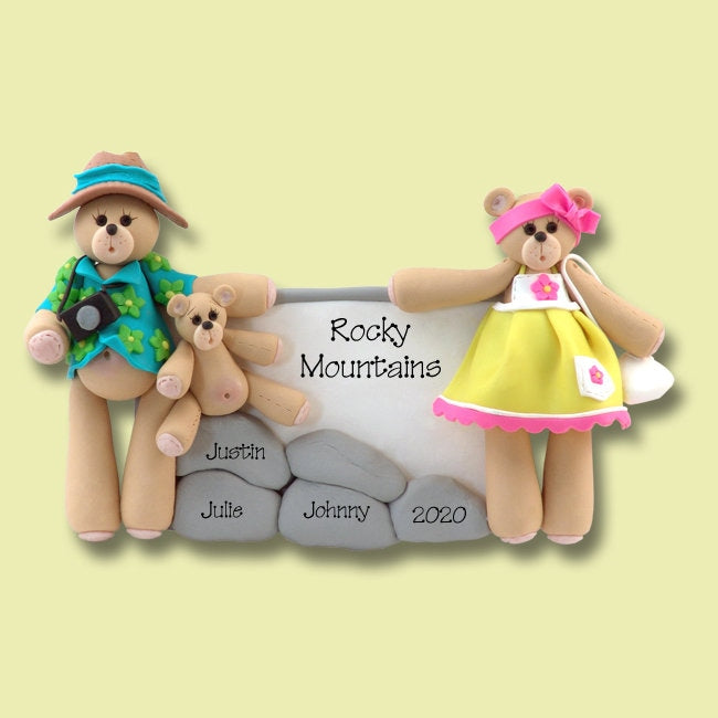 Belly Bear Family of 3 Handmade POLYMER CLAY Personalized VACATION Christmas Ornament