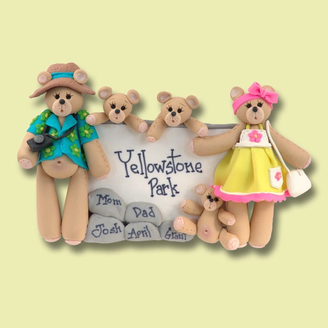 Belly Bear Family of 5 Handmade POLYMER CLAY Personalized VACATION Christmas Ornament