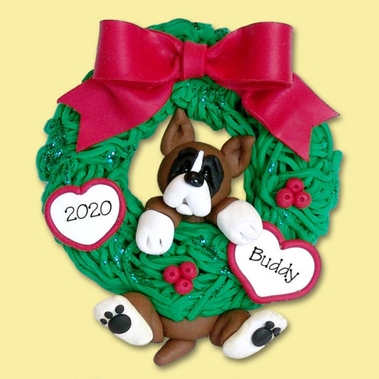 Boxer PUPPY Dog Hanging in Wreath Personalized Ornament,  HANDMADE Polymer Clay Personalized Christmas Ornament