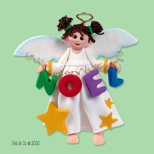 Angelina Angel w/Brown Hair HANDMADE Polymer Clay Personalized Christmas Ornament in Custom Gift Box