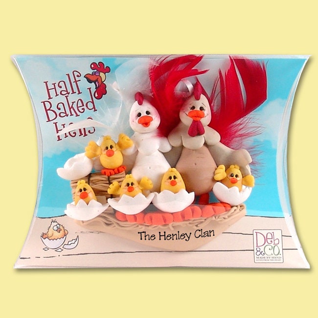 Half Baked Hens Family of 7 in custom gift box - HANDMADE POLYMER CLAY Personalized Christmas Ornament
