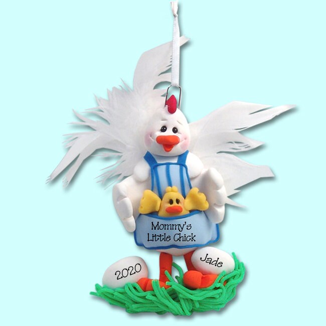 Half Baked Hens Mom or Grandma with 1 Baby Chick HANDMADE POLYMER CLAY Personalized Christmas Ornament