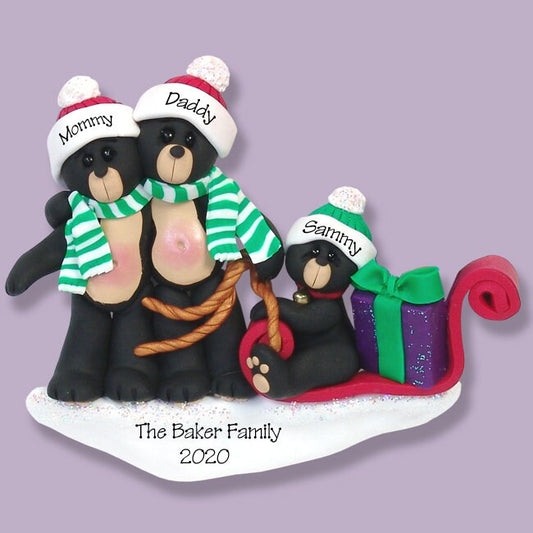 Black Bear Family of 3 in Sled, HANDMADE POLYMER CLAY, Personalized Christmas Ornaments, Custom Ornmanets #1