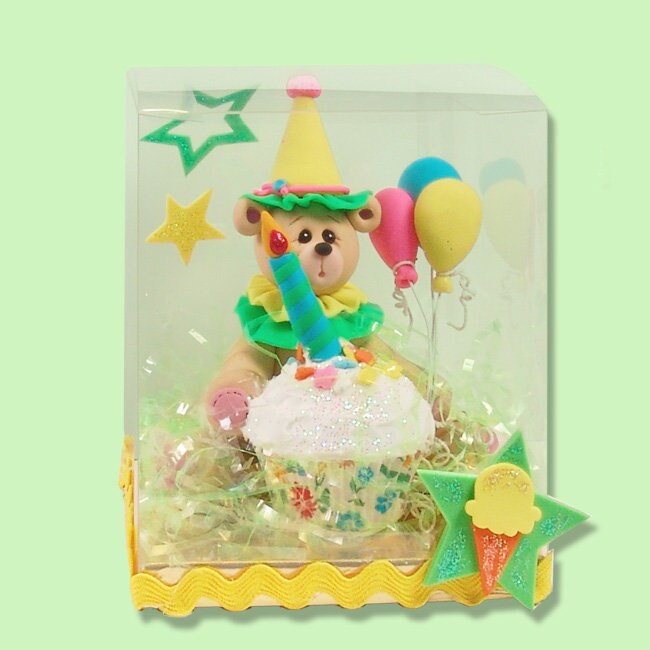HANDMADE Polymer Clay BIRTHDAY BEAR Figurine in Custom Decorated Gift Box - Cake Topper - Limited Edition