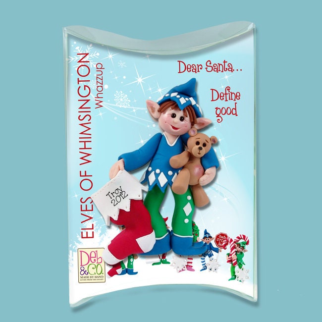 Elf with Stocking and Bear HANDMADE Polymer Clay Personalized Christmas Ornament