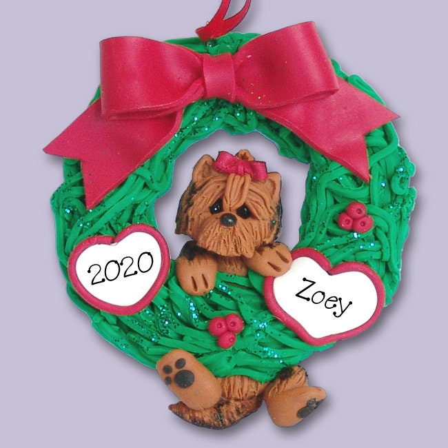 Yorkie Puppy Dog in Wreath Handmade Polymer Clay - Personalized Christmas Ornament - Limited Edition