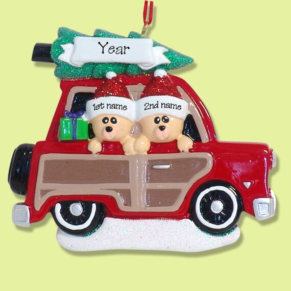 Belly Bear Family of 2 / Couples in Woody Wagon Personalized Christmas Ornament