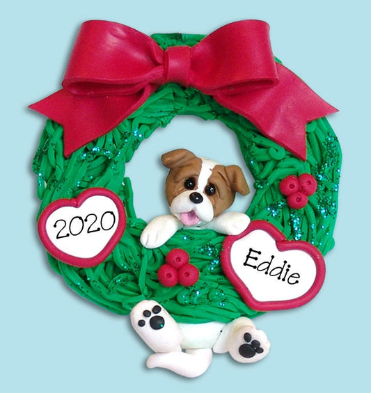 Personalized Jack Russell PUPPY Hanging in Wreath Ornament - HANDMADE Polymer Clay Christmas Ornament,  Dog Ornaments