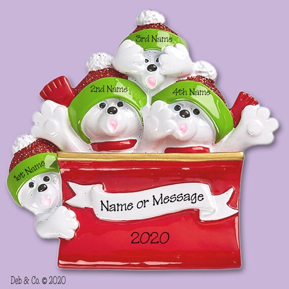 Personalized Family Ornament, Polar Bear Family of 4 in Sleigh - Toboggan, Personalized Christmas Ornament, Custom Ornaments