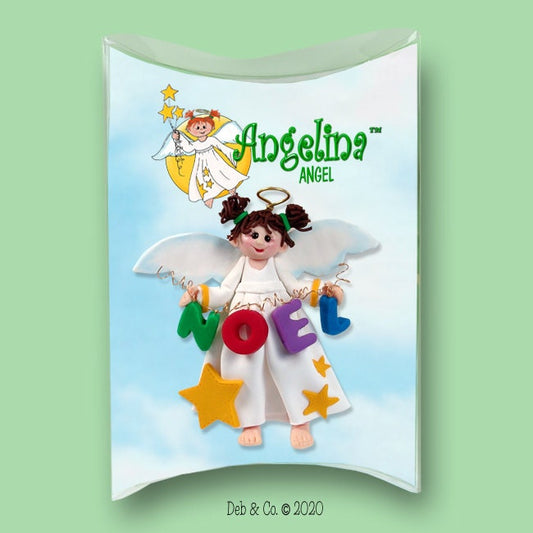 Angelina Angel w/Brown Hair HANDMADE Polymer Clay Personalized Christmas Ornament in Custom Gift Box