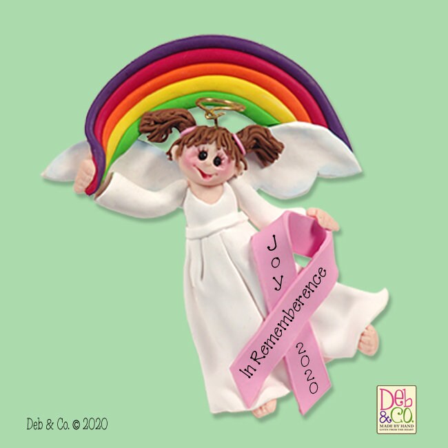 Breast CANCER-PINK RIBBON Survivor / Memorial Angel Polymer Clay Personalized Christmas Ornament in Gift Box