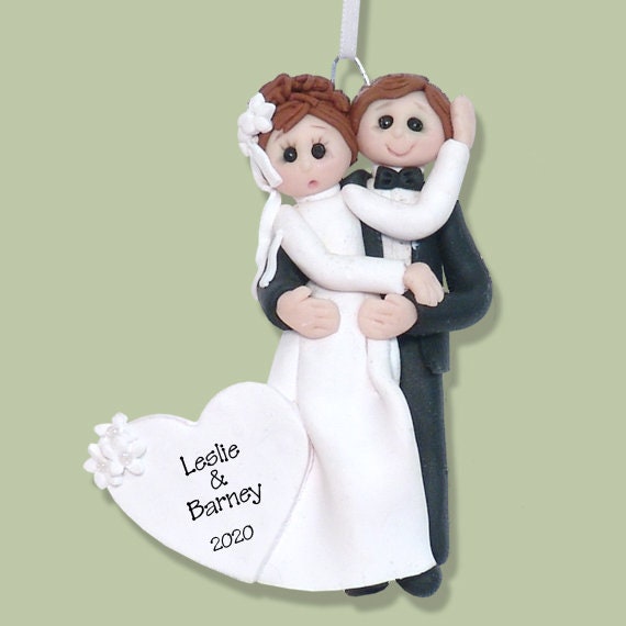 Bride & Groom Handmade Polymer Clay Personalized WEDDING Ornament - Limited Edition #12-Custom Gift Box