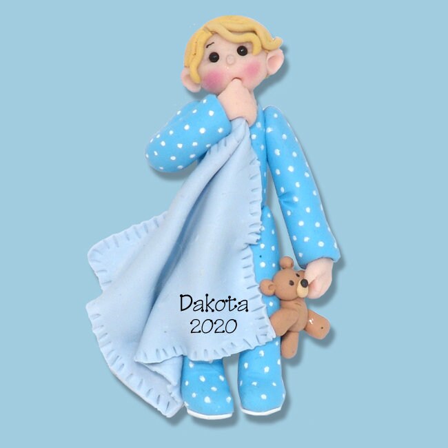Little BoyToddler with Blanket HANDMADE Polymer Clay Personalized Ornament in Custom Gift Box