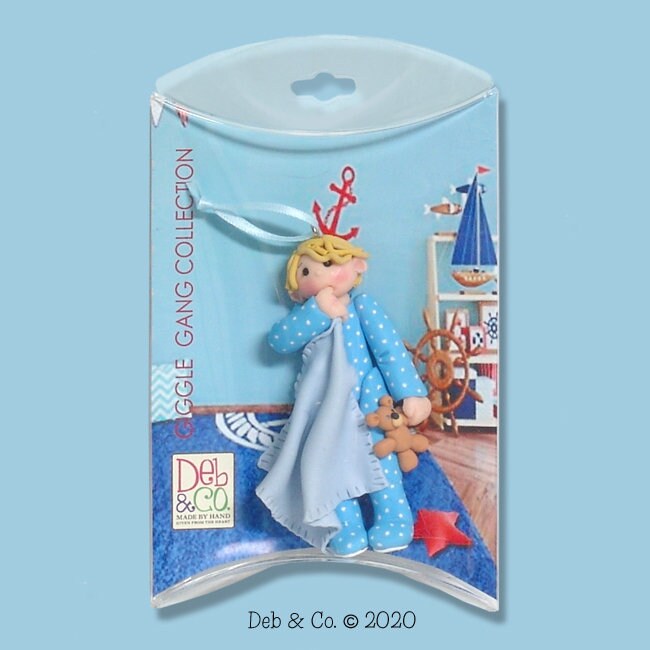 Little BoyToddler with Blanket HANDMADE Polymer Clay Personalized Ornament in Custom Gift Box